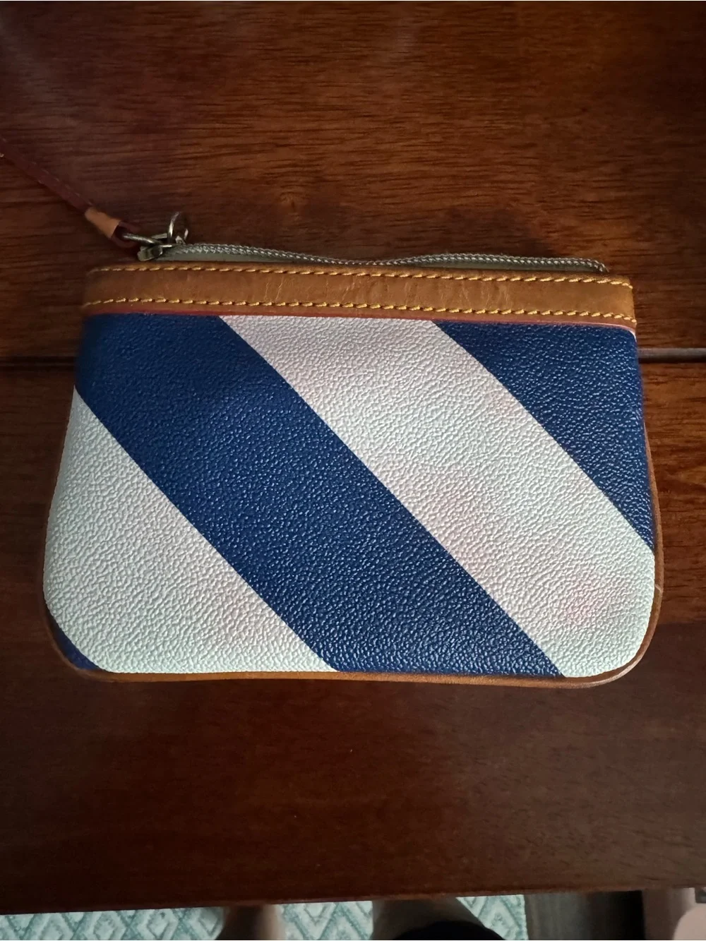 Dooney & Bourke Blue and White Diagonal Stripe Zip Coin Pouch with Tan Trim